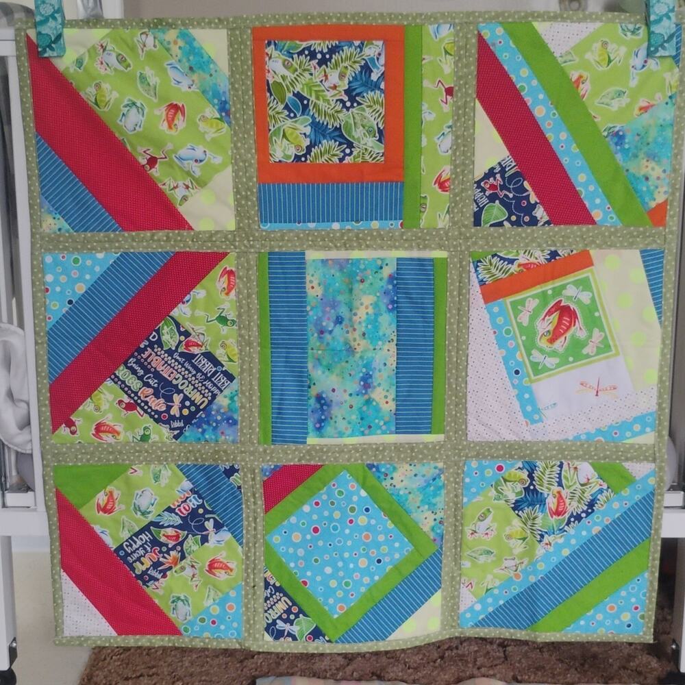 Handmade Embroidered Cotton Crib Quilt Frogs Dragonflies Green Blue Red